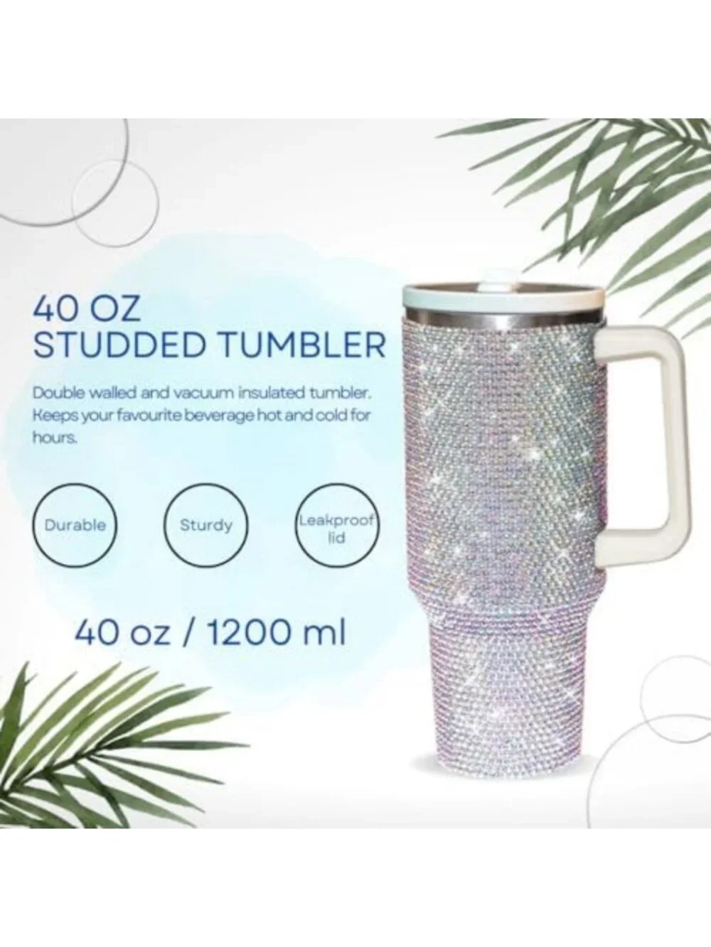 40 Oz Insulated Rhinestone Tumbler with Handle & Flip Straw | Leak Proof Bling